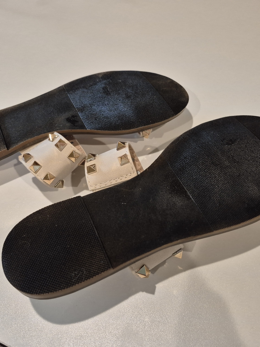 Like New Gold Studded Two-Strap Slide Sandals - Cream Nude Color - Picture 5 of 5
